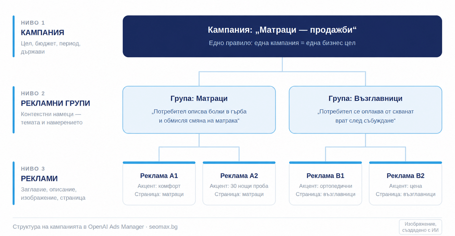 Структура на кампанията в OpenAI Ads Manager
